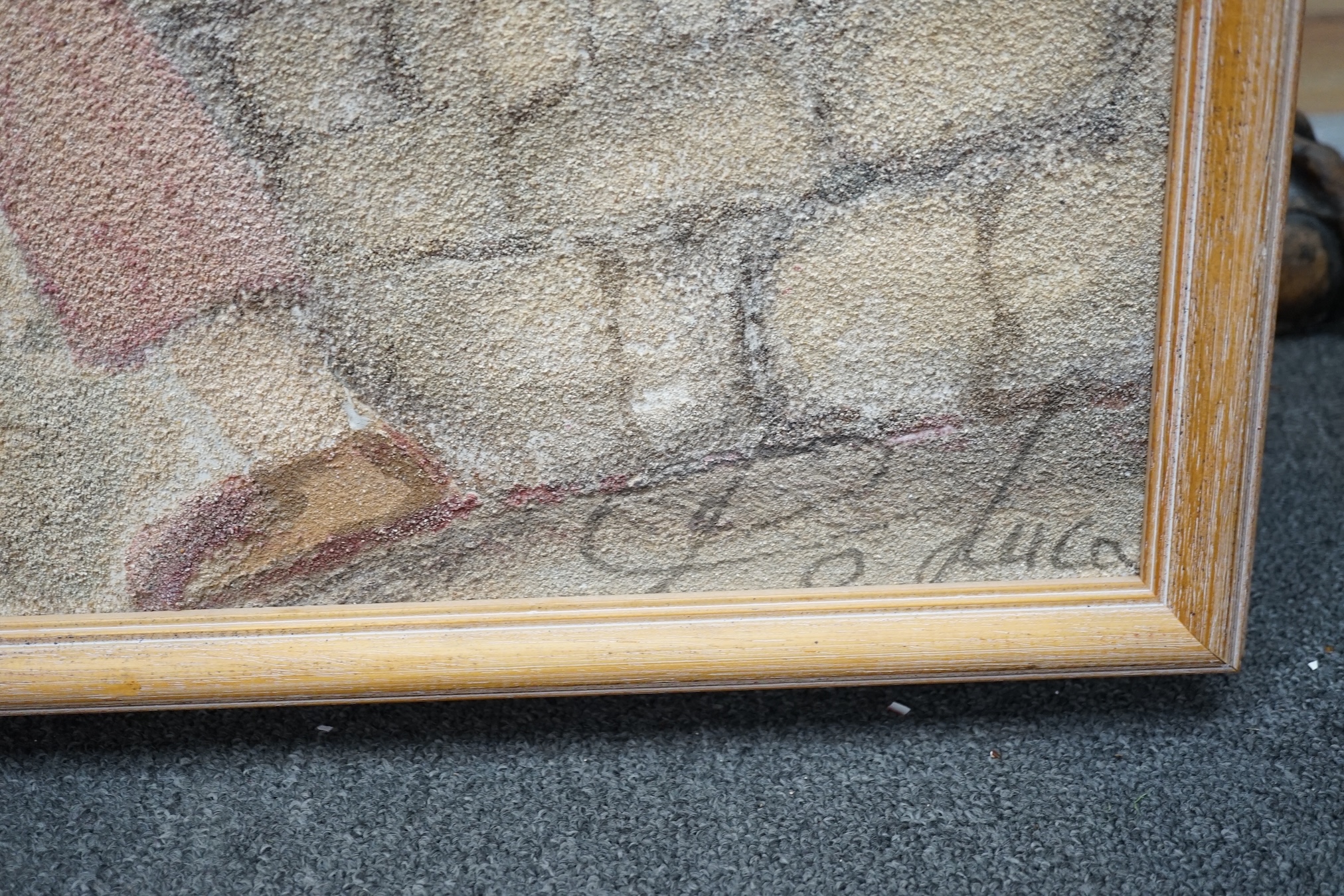 P.O. Luca, sand picture, Surreal landscape, Musicians and horses, signed, 83 x 120cm. Condition - good
